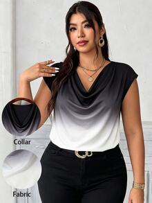 Elenzga Plus Size Simple Elegant Casual Versatile Gradient Women's T-Shirt - Black and White - View 1