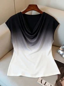 Elenzga Plus Size Simple Elegant Casual Versatile Gradient Women's T-Shirt - Black and White - View 4