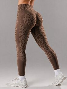 Slayform Slayform Women's Leopard Print High Waist Seamless Sports Leggings - Coffee Brown - View 3