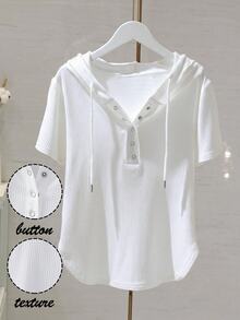 EMERY ROSE Plus Size Versatile Textured Fabric Hooded Metal Button Sweatshirt For Women - White - View 3