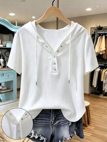 EMERY ROSE Plus Size Versatile Textured Fabric Hooded Metal Button Sweatshirt For Women - White - View 1