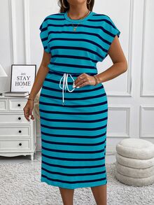 Calvaya Plus Size Striped Crew Neck Capped Sleeve Bodycon Split Drawstring Midi Casual Dress, Autumn/Winter Maxi Women Outfit Teal - Blue - View 6