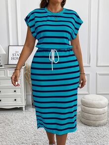 Calvaya Plus Size Striped Crew Neck Capped Sleeve Bodycon Split Drawstring Midi Casual Dress, Autumn/Winter Maxi Women Outfit Teal - Blue - View 4