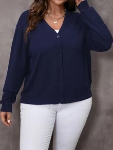Rosumi كارديجان أساسي بياقة على شكل V للمقاسات الكبيرة في فصل الخريف/الشتاء - أزرق غامق - مشاهدة 7