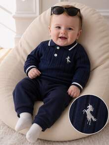 Souflis Souflis 嬰兒男寶寶刺繡獨角獸海軍藍長袖 Polo 衫羅紋針織套頭毛衣 秋季新品 - 藍色 - 查看 2