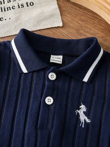 Souflis Souflis 嬰兒男寶寶刺繡獨角獸海軍藍長袖 Polo 衫羅紋針織套頭毛衣 秋季新品 - 藍色 - 查看 6