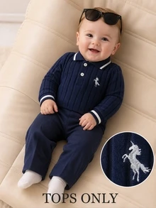 Souflis Souflis 嬰兒男寶寶刺繡獨角獸海軍藍長袖 Polo 衫羅紋針織套頭毛衣 秋季新品 - 藍色 - 查看 4