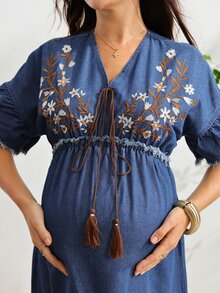 SHEIN Maternity Embroidered Medium Wash Dress Fall - Medium Wash - View 6