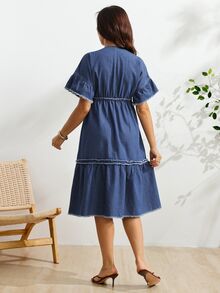 SHEIN Maternity Embroidered Medium Wash Dress Fall - Medium Wash - View 2