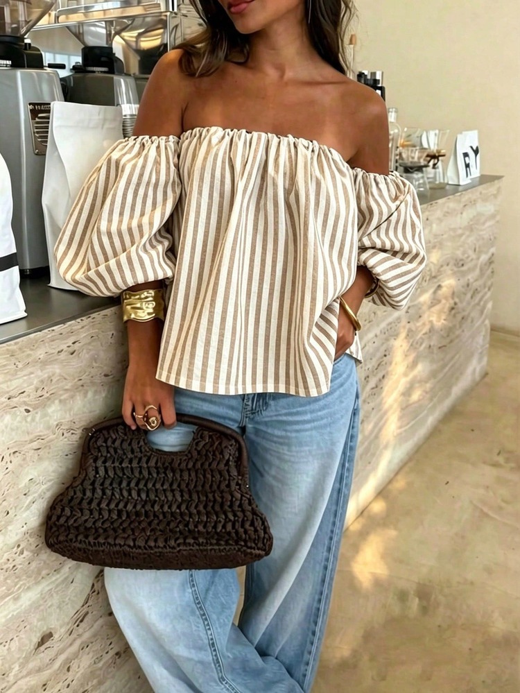 Airaco Vacation Casual Off-Shoulder Striped Petal Sleeve Top - Khaki - View 1