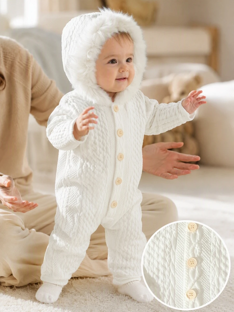 SHEIN Baby Boys' Solid Colored Thermal Lined Hooded Jumpsuit Autumn Fall - White - View 1