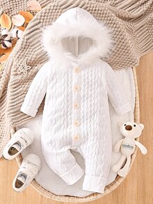 SHEIN Baby Boys' Solid Colored Thermal Lined Hooded Jumpsuit Autumn Fall - White - View 4
