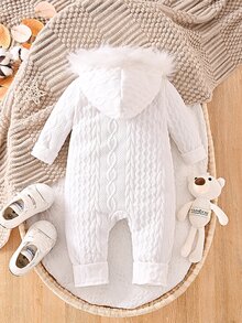 SHEIN Baby Boys' Solid Colored Thermal Lined Hooded Jumpsuit Autumn Fall - White - View 2