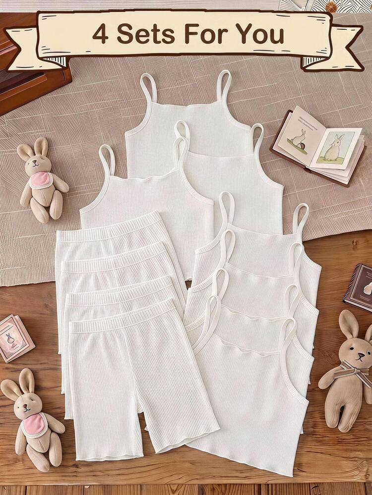 SHEIN Kids Young Girls Spring/Summer/Autumn Solid Color Camisole Tank Top And Shorts 4pcs Sets , Multi-Color Camisole And Leggings Set,Back To School - White - View 1