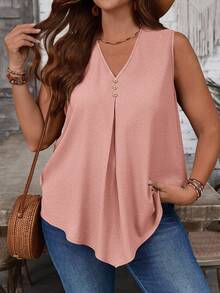 Rosumi Plus Size V-Neck Sleeveless Pink Blouse - Pink - View 4