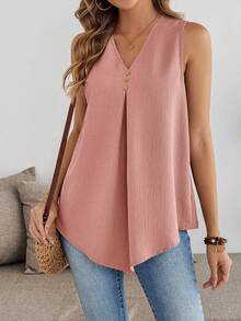 Rosumi Plus Size V-Neck Sleeveless Pink Blouse - Pink - View 9
