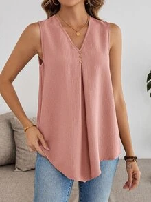 Rosumi Plus Size V-Neck Sleeveless Pink Blouse - Pink - View 10