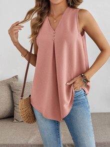 Rosumi Plus Size V-Neck Sleeveless Pink Blouse - Pink - View 8