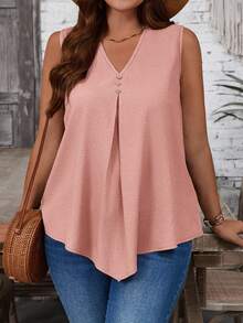Rosumi Plus Size V-Neck Sleeveless Pink Blouse - Pink - View 6
