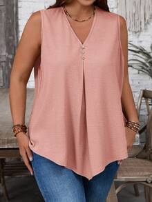 Rosumi Plus Size V-Neck Sleeveless Pink Blouse - Pink - View 3