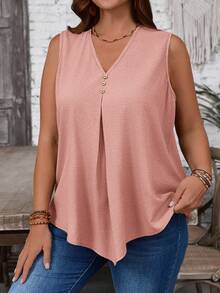Rosumi Plus Size V-Neck Sleeveless Pink Blouse - Pink - View 5