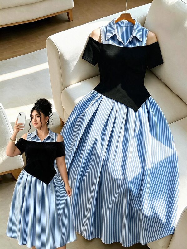 Elenzga Plus Size Women's Summer New Blue & White Striped Patchwork Black Skin-Friendly Fabric Dress, Comfortable Striped + Elastic Knit Open Shoulder 2-In-1 Dress