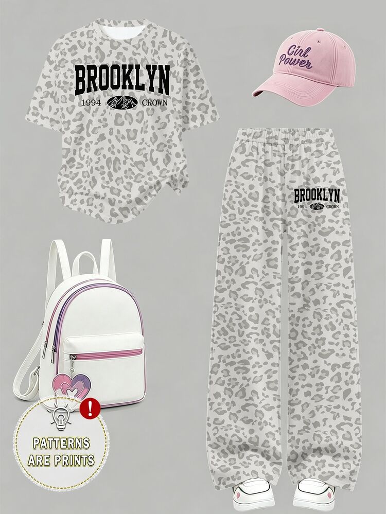 Young Girl Casual Fashion Fresh Grey & White Leopard Print Fun Letter Graphic T-Shirt & Wide Leg Pants Set - Multicolor - View 4