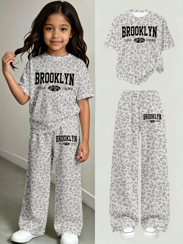 Young Girl Casual Fashion Fresh Grey & White Leopard Print Fun Letter Graphic T-Shirt & Wide Leg Pants Set