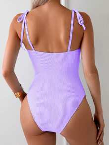 SHEIN Swim 1 件女士海滩度假条纹细肩带泳衣 - 淡紫色 - 查看 2