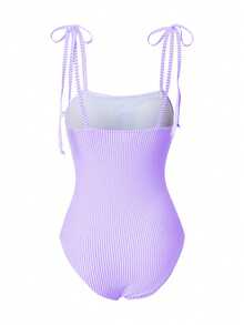 SHEIN Swim 1 件女士海滩度假条纹细肩带泳衣 - 淡紫色 - 查看 7