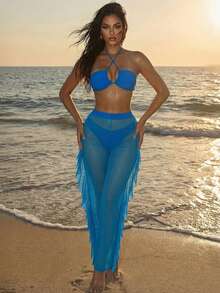 SHEIN Swim Summer Beach Women's Solid Color Cross Halter Strap Separated Bikini Set, Steel-Free, 3pcs/Set - Blue - View 4