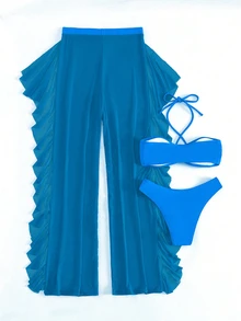 SHEIN Swim Summer Beach Women's Solid Color Cross Halter Strap Separated Bikini Set, Steel-Free, 3pcs/Set - Blue - View 5