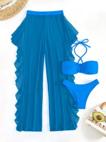 SHEIN Swim Summer Beach Women's Solid Color Cross Halter Strap Separated Bikini Set, Steel-Free, 3pcs/Set - Blue - View 3