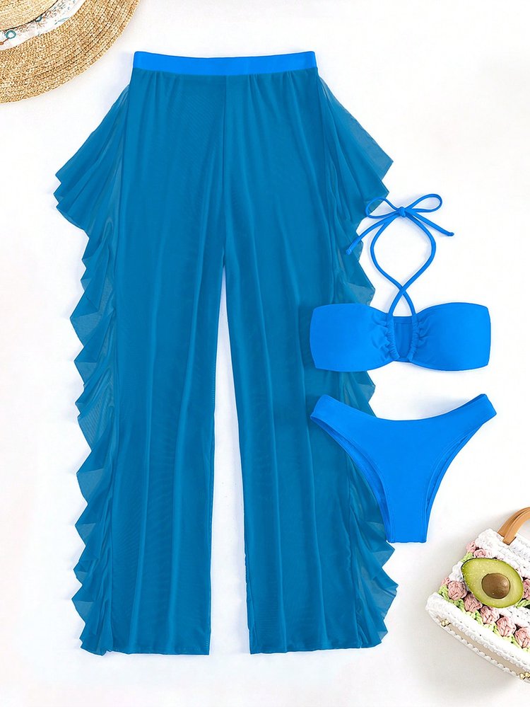SHEIN Swim Summer Beach Women's Solid Color Cross Halter Strap Separated Bikini Set, Steel-Free, 3pcs/Set - Blue - View 3