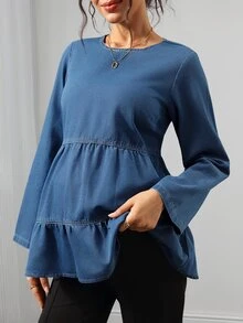 Momance Maternity Simple Round Neck Long Sleeve Ruffle Hem Casual Denim Top Fall - Medium Wash - View 1
