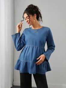 Momance Maternity Simple Round Neck Long Sleeve Ruffle Hem Casual Denim Top Fall - Medium Wash - View 3