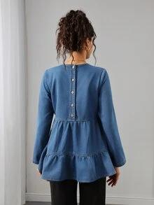 Momance Maternity Simple Round Neck Long Sleeve Ruffle Hem Casual Denim Top Fall - Medium Wash - View 2