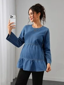 Momance Maternity Simple Round Neck Long Sleeve Ruffle Hem Casual Denim Top Fall - Medium Wash - View 4
