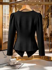 GlowEve CURVE Plus Size Women's Elegant Business Casual Colorblock Square Neck Puff Sleeve Pearl Button Front Slit Hem Fitted A-Line Short Jacket Autumn/Winter - Black - View 2
