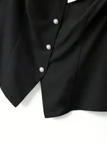 GlowEve CURVE Plus Size Women's Elegant Business Casual Colorblock Square Neck Puff Sleeve Pearl Button Front Slit Hem Fitted A-Line Short Jacket Autumn/Winter - Black - View 6