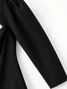 GlowEve CURVE Plus Size Women's Elegant Business Casual Colorblock Square Neck Puff Sleeve Pearl Button Front Slit Hem Fitted A-Line Short Jacket Autumn/Winter - Black - View 3