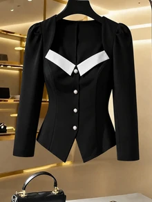 GlowEve CURVE Plus Size Women's Elegant Business Casual Colorblock Square Neck Puff Sleeve Pearl Button Front Slit Hem Fitted A-Line Short Jacket Autumn/Winter - Black - View 7
