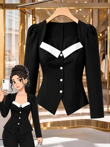 GlowEve CURVE Plus Size Women's Elegant Business Casual Colorblock Square Neck Puff Sleeve Pearl Button Front Slit Hem Fitted A-Line Short Jacket Autumn/Winter - Black - View 1