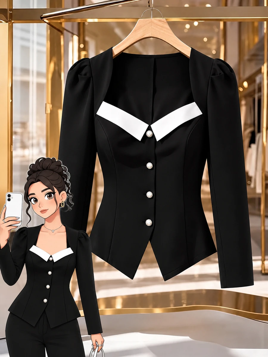 GlowEve CURVE Plus Size Women's Elegant Business Casual Colorblock Square Neck Puff Sleeve Pearl Button Front Slit Hem Fitted A-Line Short Jacket Autumn/Winter - Black - View 1