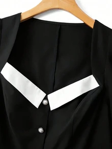 GlowEve CURVE Plus Size Women's Elegant Business Casual Colorblock Square Neck Puff Sleeve Pearl Button Front Slit Hem Fitted A-Line Short Jacket Autumn/Winter - Black - View 4