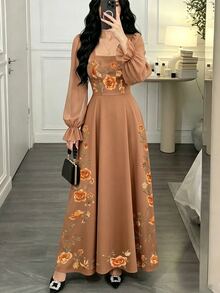 Modelyn 女款花卉圖案優雅收腰長洋裝，適合派對與聚會 - 彩色 - 查看 3