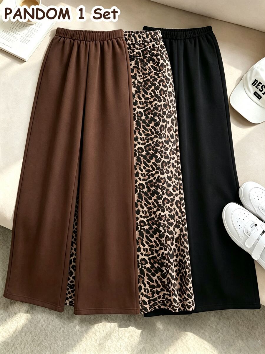 1 Pc Random Girls' Straight Leg Sweatpants In Black, Dark Brown, Brown, Leopard Print Pattern Printe - Multicolor - View 1
