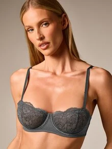 AiiRZ Lace Balconette Bra With Underwire Floral Lace Cups Scalloped Edge Adjustable Straps Hook And Eye Closure Everyday Lingerie - Grey - View 4