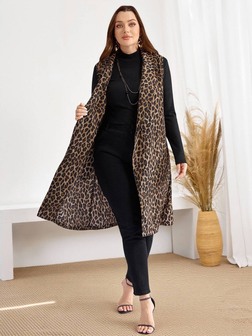 Plus Size  Women Sleeveless Open Front Leopard Print Cardigan, Casual Everyday Wear Fall Autumn,