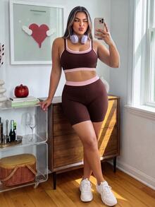 SHEIN Sovereign Charm Bộ đồ bơi 2 mảnh nữ size lớn mùa hè 2026 mới, phối patchwork, dây vai điều chỉnh được, cổ tròn, cạp cao, quần Bermuda ống rộng dáng phẳng - Cà phê nâu - Xem 5